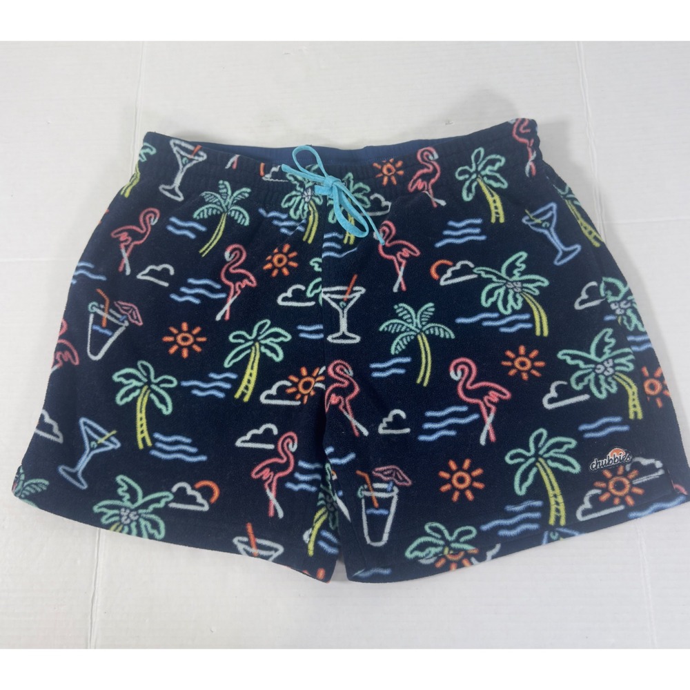 Chubbies Fleece Shorts Mens Large Navy Tropical Neon Flamingo Palm Beachy